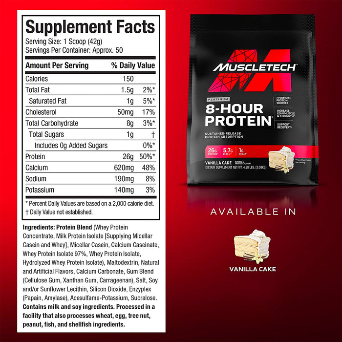 MUSCLETECH PLATINUM 8-HOUR PROTEIN | VANILLA CAKE FLAVOR | EXCARTBD
