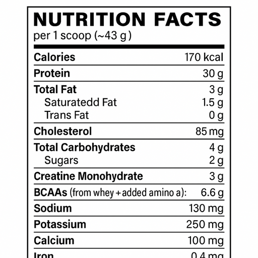Nutrition facts label for MuscleTech Platinum Whey with 30g protein, 3g creatine, 6.6g BCAAs per scoop