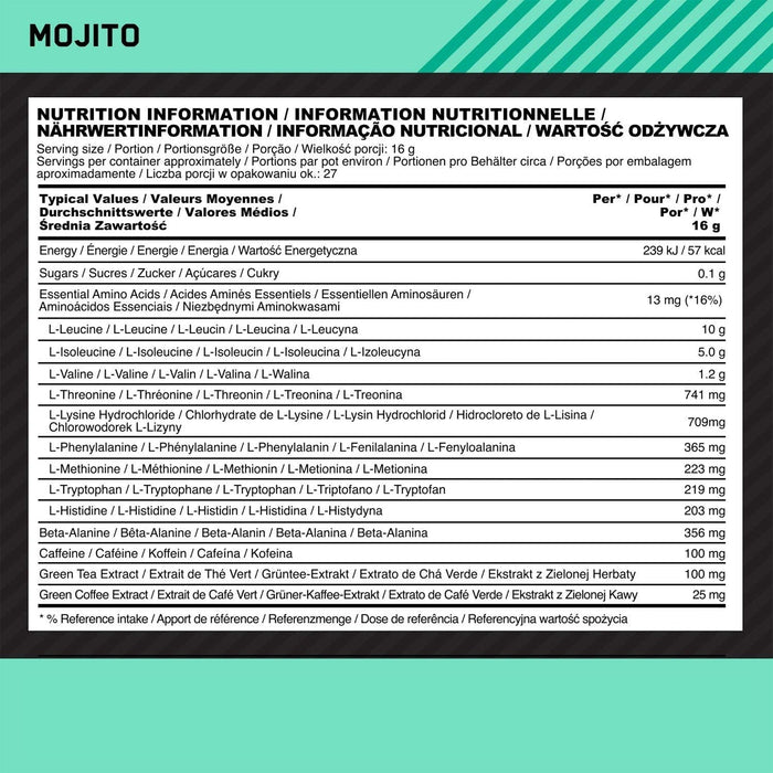 OPTIMUM NUTRITION EAA ENERGY | MOJITO FLAVOR | NUTRITION FACTS | EXCARTBD