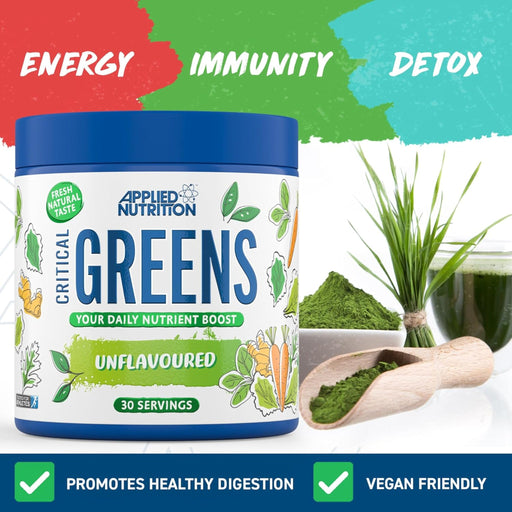 Applied Nutrition Critical Greens 150g unflavoured container with natural ingredients for energy, immunity, and detox.