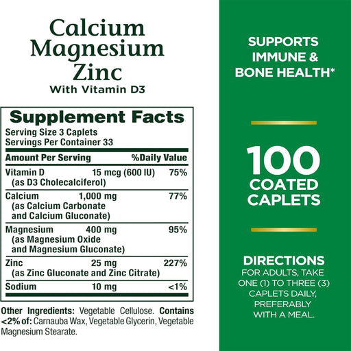 Supplement facts of Nature's Bounty Calcium Magnesium Zinc D3 – ingredients & dosage