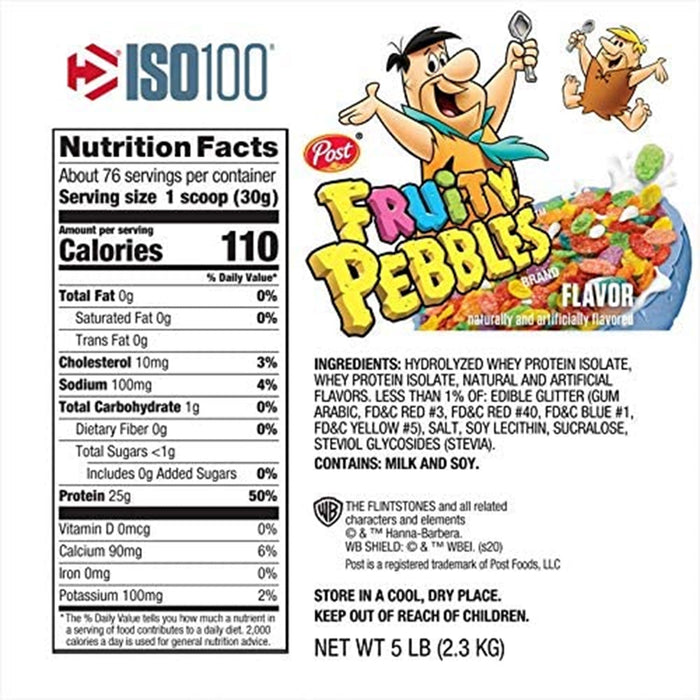 DYMATIZE ISO 100 | 5LBS FRUITY PEBBLES FLAVOR | NUTRITION FACTS | EXCARTBD.COM