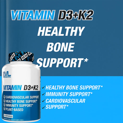 EVL Nutrition Vitamin D3 + K2 supplement bottle with highlights for bone, heart, and immunity support