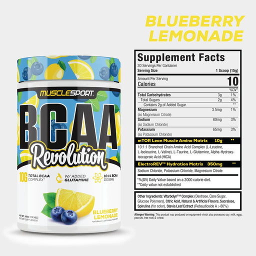 Musclesport BCAA Revolution 10:1:1 in Blueberry Lemonade flavors – Advanced BCAA supplement with glutamine, HICA-DL, and ElectroRev™ for muscle recovery and hydration. Available at Excartbd