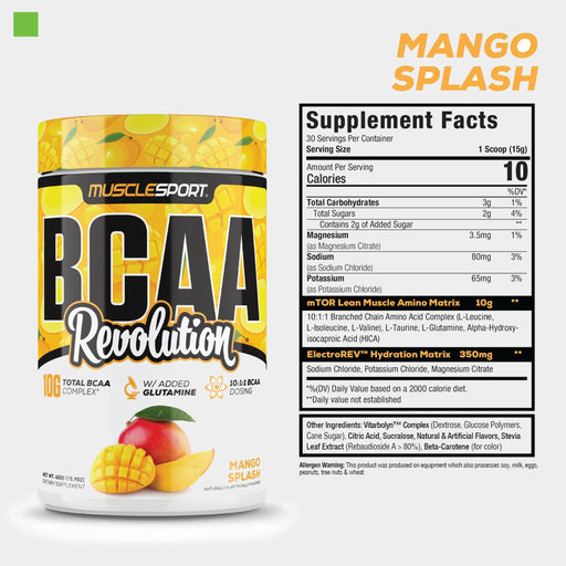 Musclesport BCAA Revolution 10:1:1 in Mango Splash flavors – Advanced BCAA supplement with glutamine, HICA-DL, and ElectroRev™ for muscle recovery and hydration. Available at Excartbd
