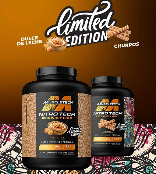 MuscleTech NitroTech Whey Gold 5lbs in Dulce de Leche and Churros flavor. Premium protein powder for muscle growth and recovery