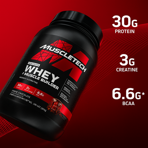 MuscleTech Platinum Whey Protein and Creatine Supplement Ad with 30g Protein, 3g Creatine, 6.6g BCAA