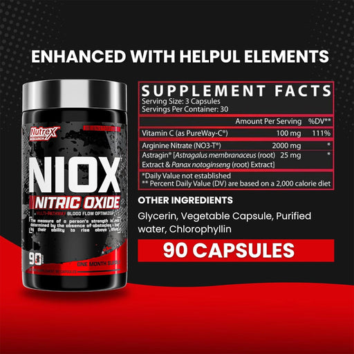 NIOX supplement bottle for enhanced muscle pump, nitric oxide support, and vascular performance
