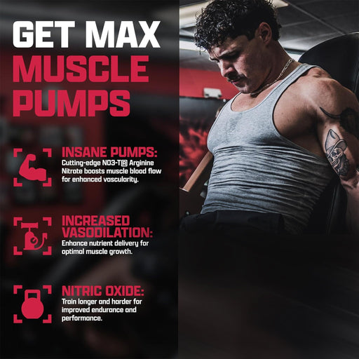 Bodybuilder training with NIOX supplement benefits listed for insane muscle pumps, increased vasodilation, and nitric oxide performance

